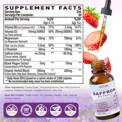 Product label and bottle of Liposomal Saffron Drops (2 oz)