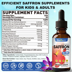 Liposome-delivered saffron drops aiding stress relief and focus for kids and adults