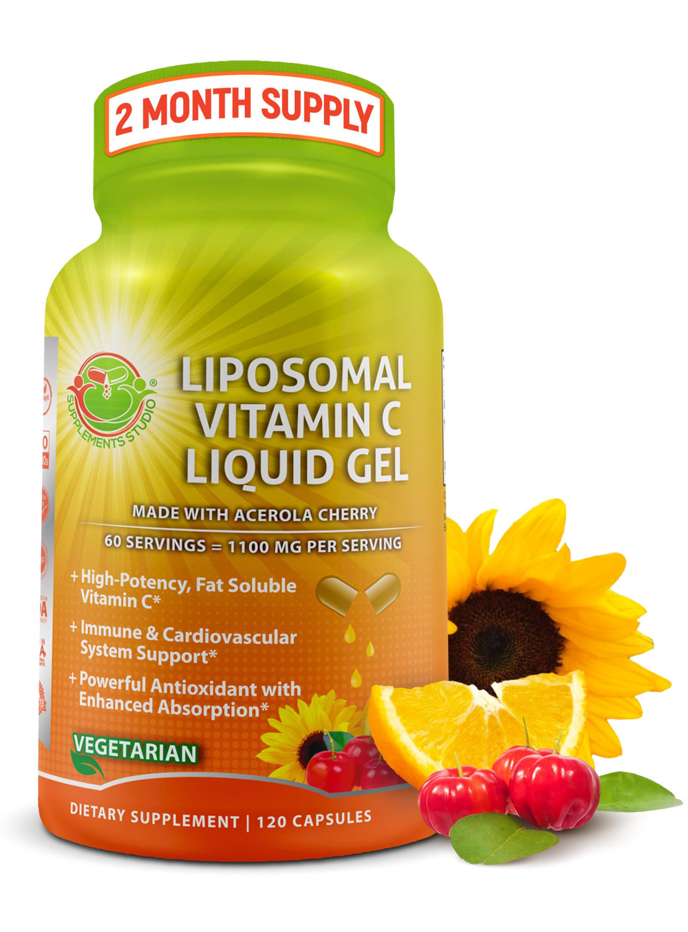 Bottle of Liposomal Vitamin C 1100mg with organic acerola cherries