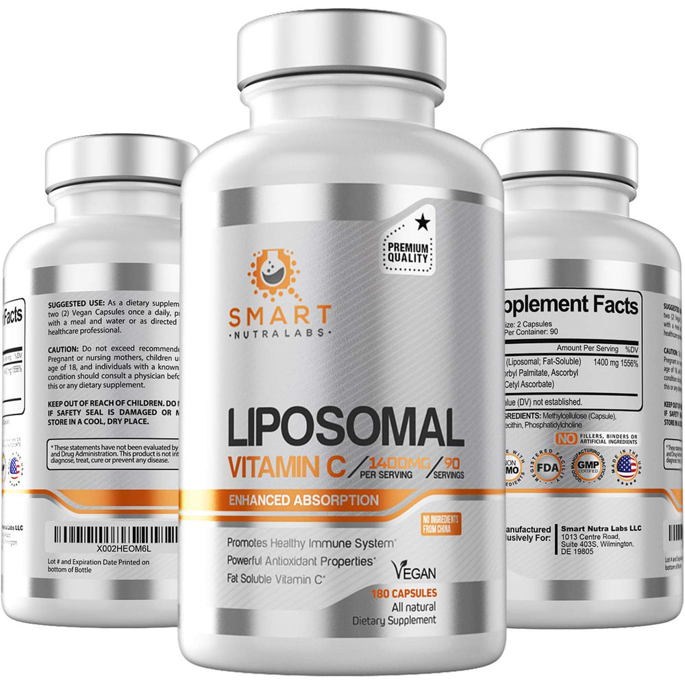 Bottle of liposomal Vitamin C 1400mg with 180 vegan capsules