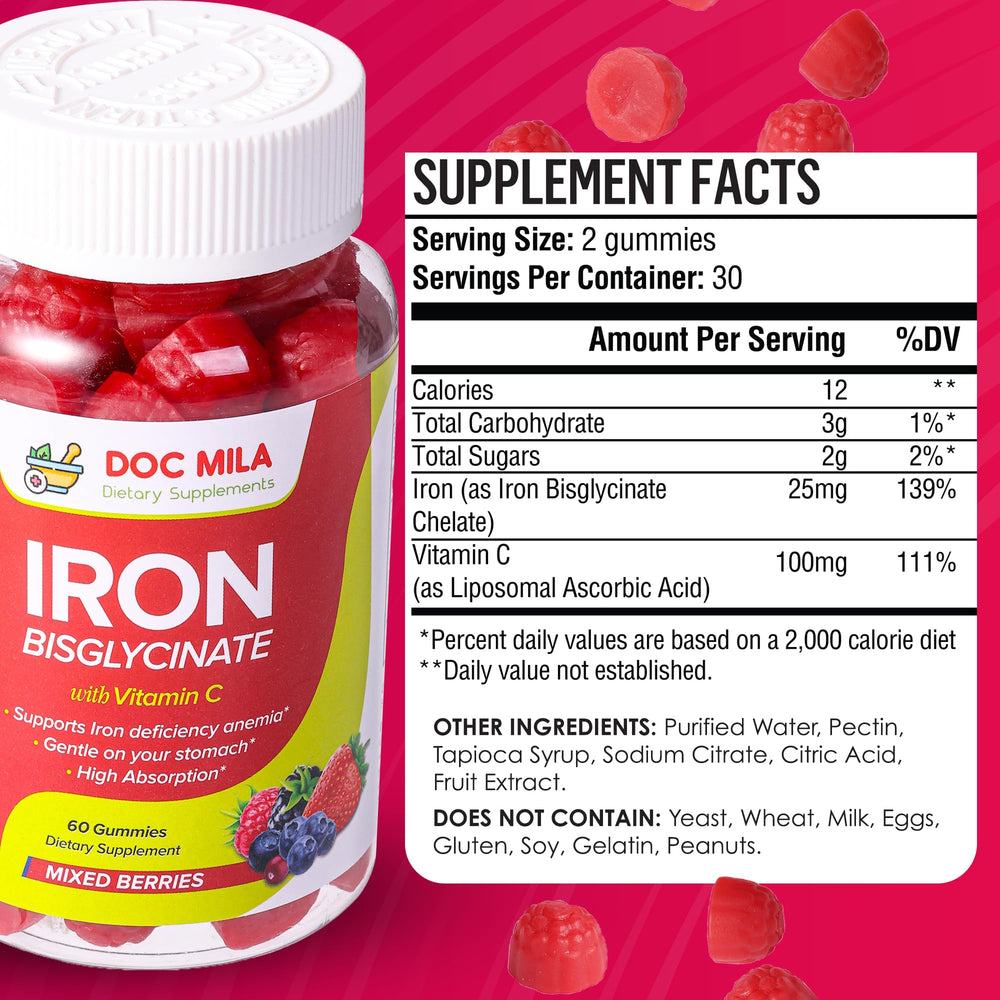 Liposomal vitamin C combined with iron bisglycinate gummies