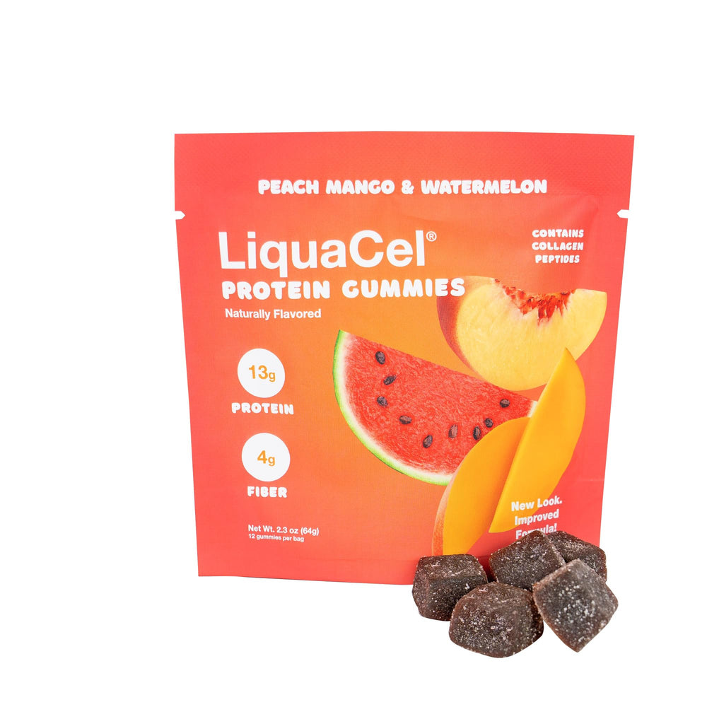 LiquaCel Protein Gummies Watermelon Peach Mango close-up highlighting chewy texture for protein on-the-go