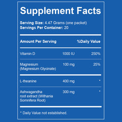 Close-up of ingredients: Magnesium Glycinate, KSM-66 Ashwagandha, L-Theanine