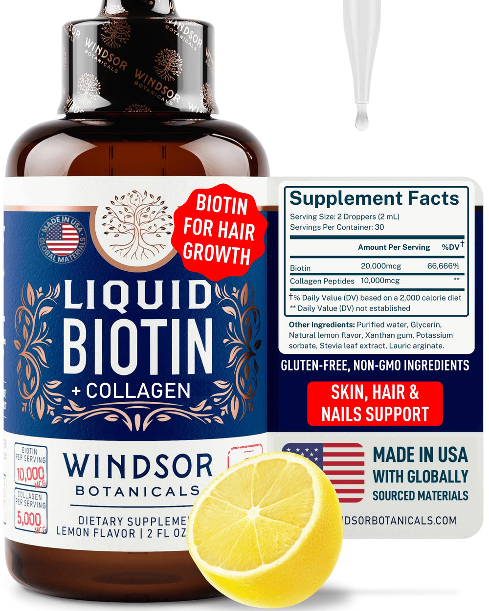 2oz bottle of lemon-flavored biotin and collagen drops