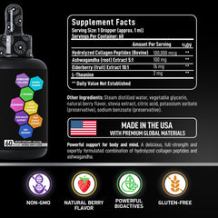 Product label showing 100,000 mcg collagen and 100 mg Ashwagandha