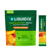 Liquid I.V. Hydration Multiplier +Energy Mango Tamarind single-serve packet poured into a glass of water