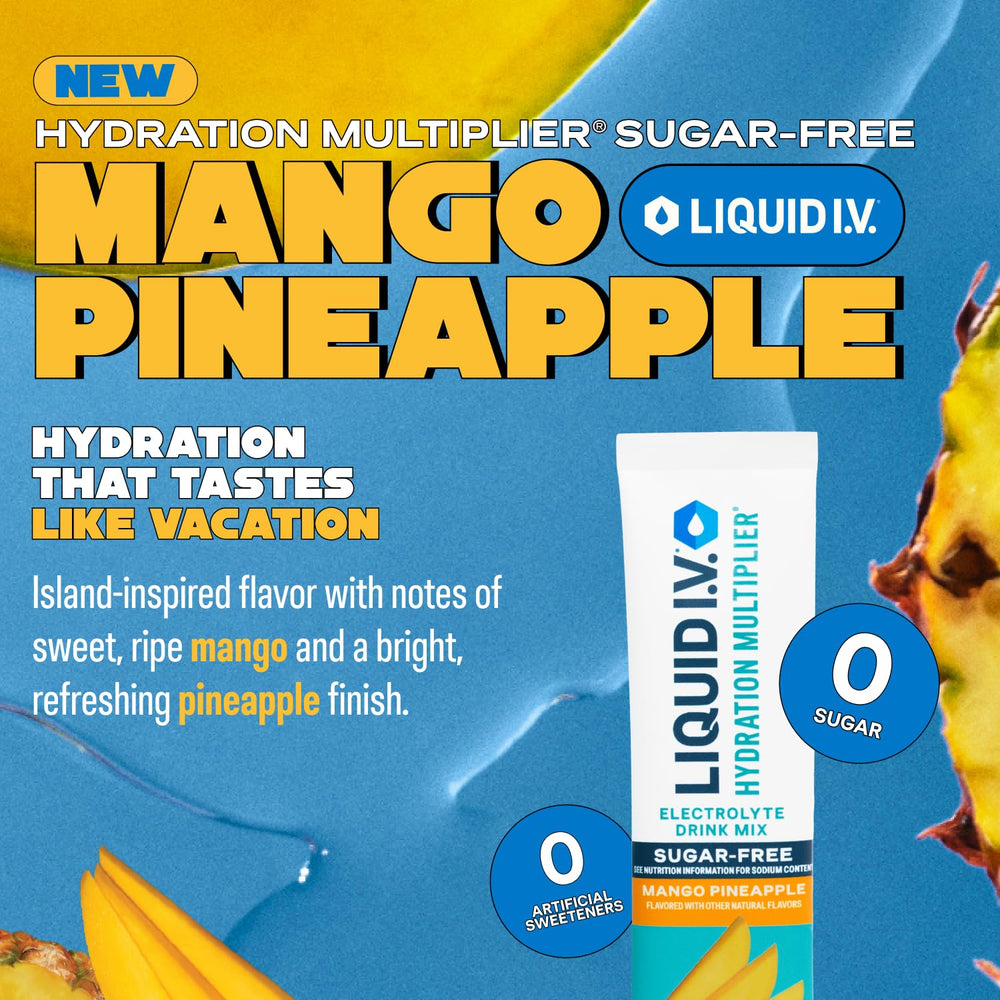 Liquid I.V. Hydration Multiplier Mango Pineapple packet closeup enables fast electrolyte delivery.