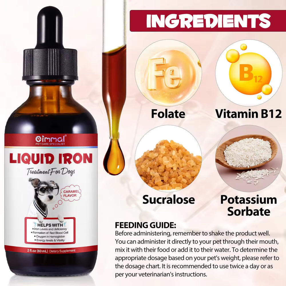 Pouring liquid iron supplement into a spoon for dogs