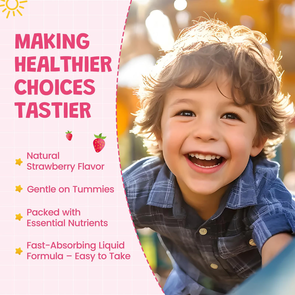 Kid-friendly liquid iron supplement bottle