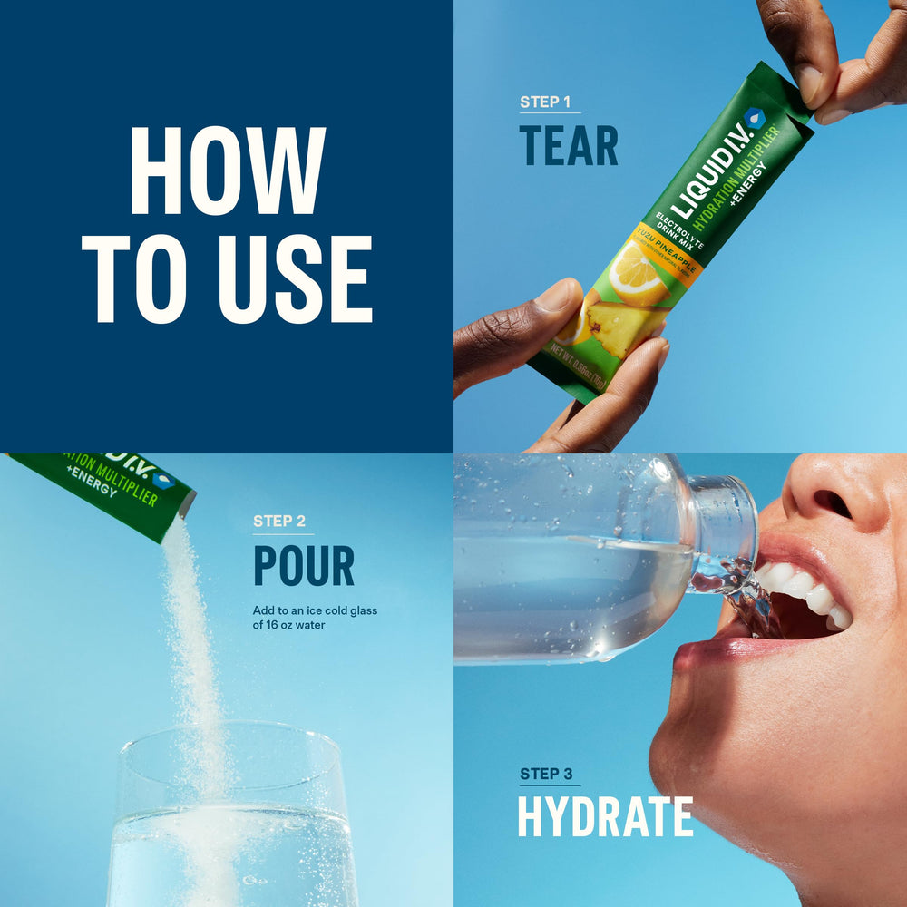 Back of packaging for Liquid I.V. Hydration Multiplier +Energy Blackberry-Peach