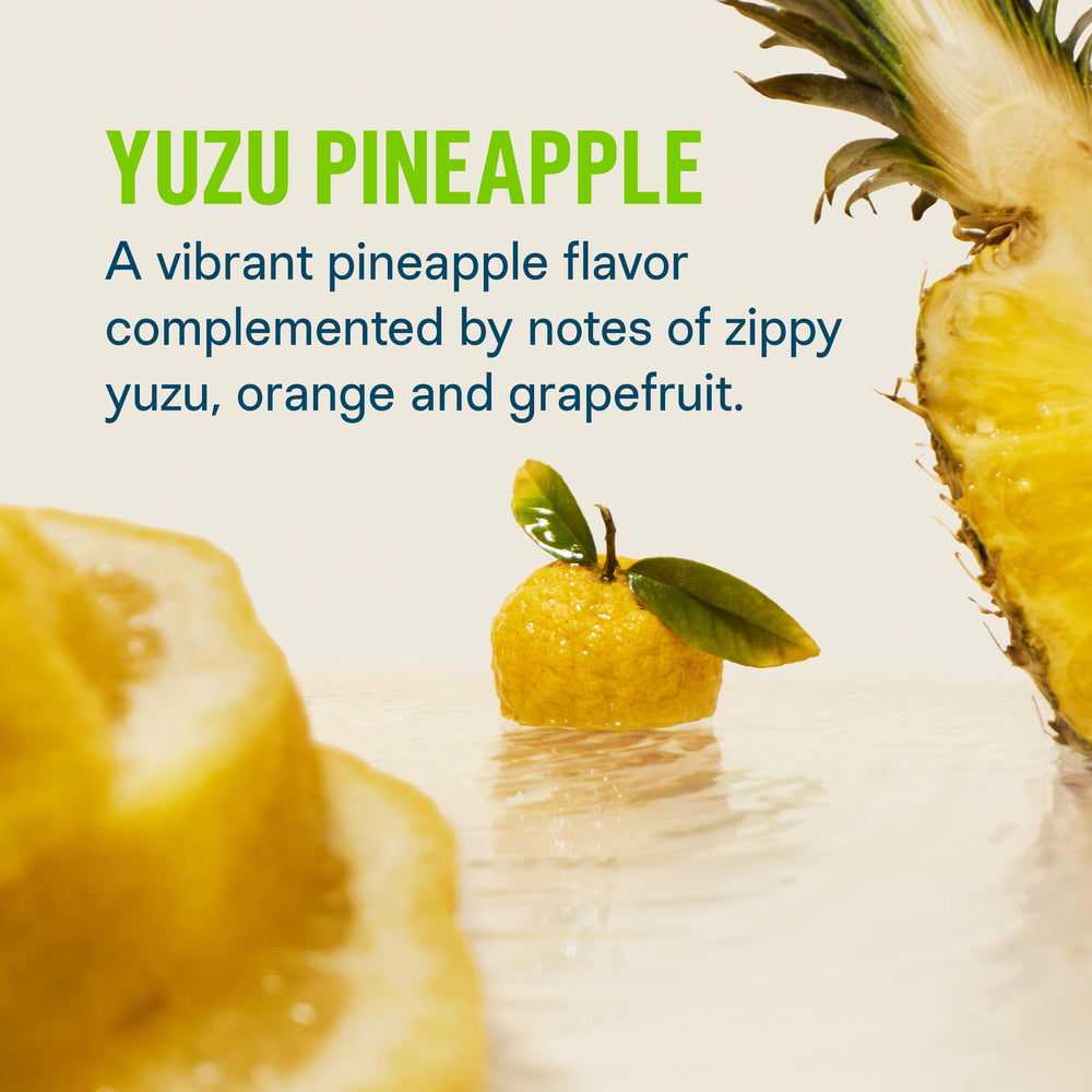 Product label showing ingredients and nutrition information for Yuzu Pineapple flavor