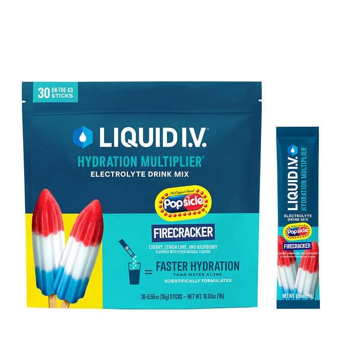 Liquid I.V. Hydration Multiplier Popsicle Firecracker packaging showcases on-the-go hydration.