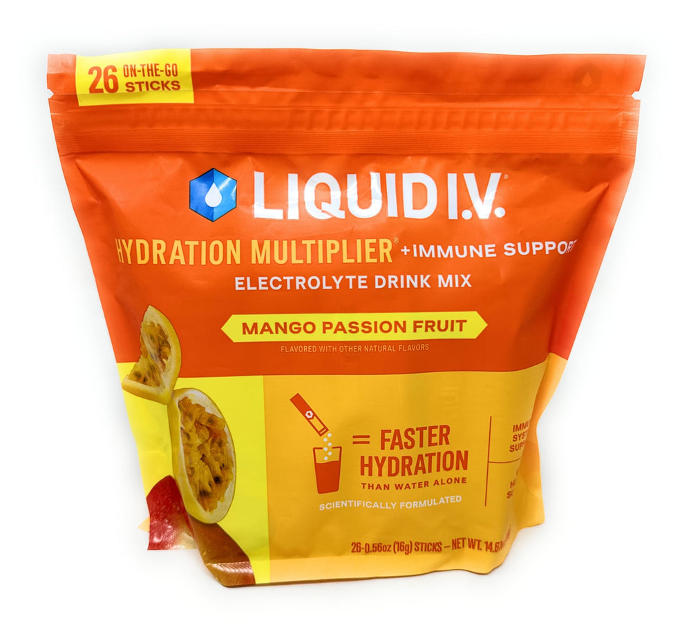 Liquid I.V. Hydration Plus Immune sticks closeup dissolving in water for faster hydration