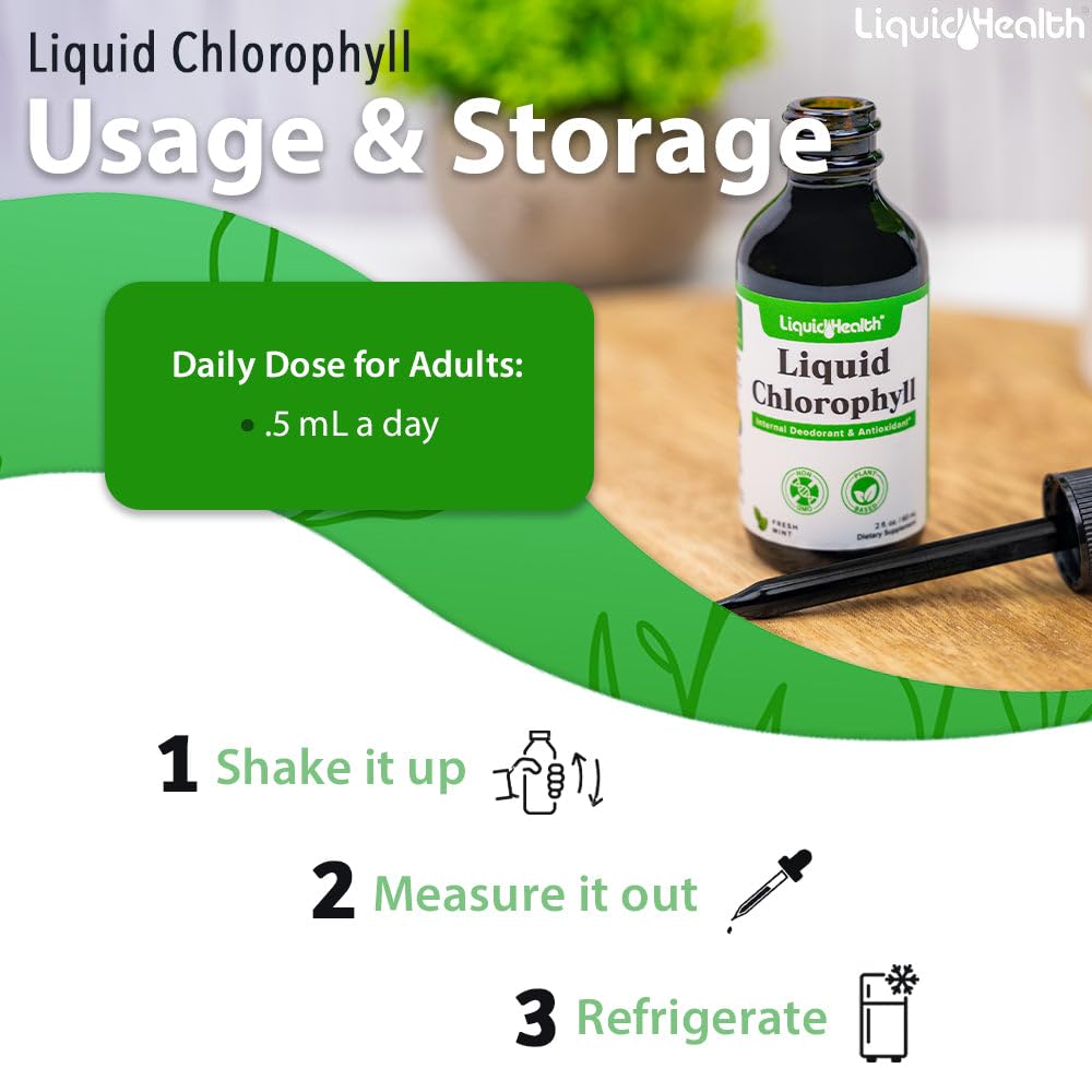 Droppers dispensing chlorophyll drops into a beverage