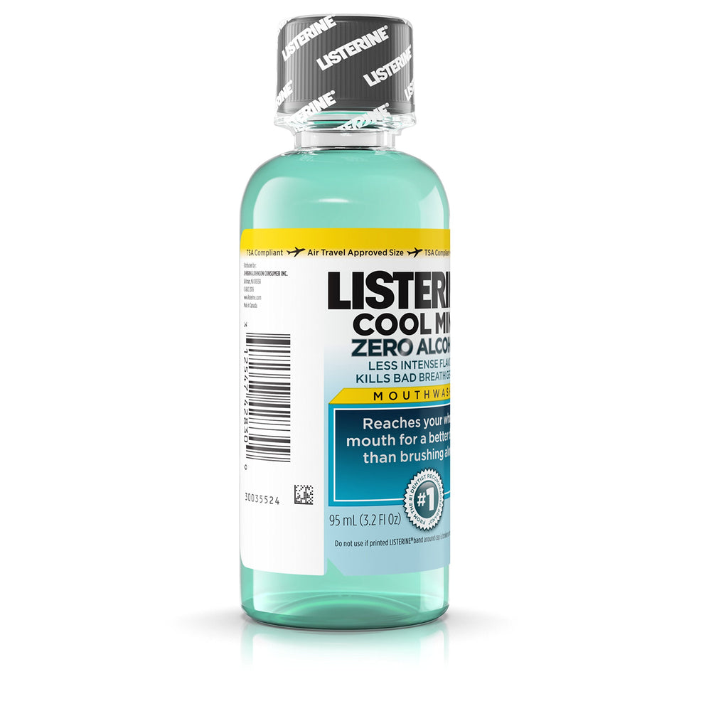 Back label view of Listerine Zero Cavity Mouthwash Clean Mint 3.2 oz bottle