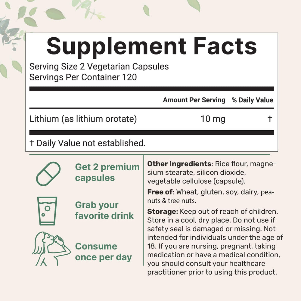 Label close up for Lithium Orotate 10mg bottle