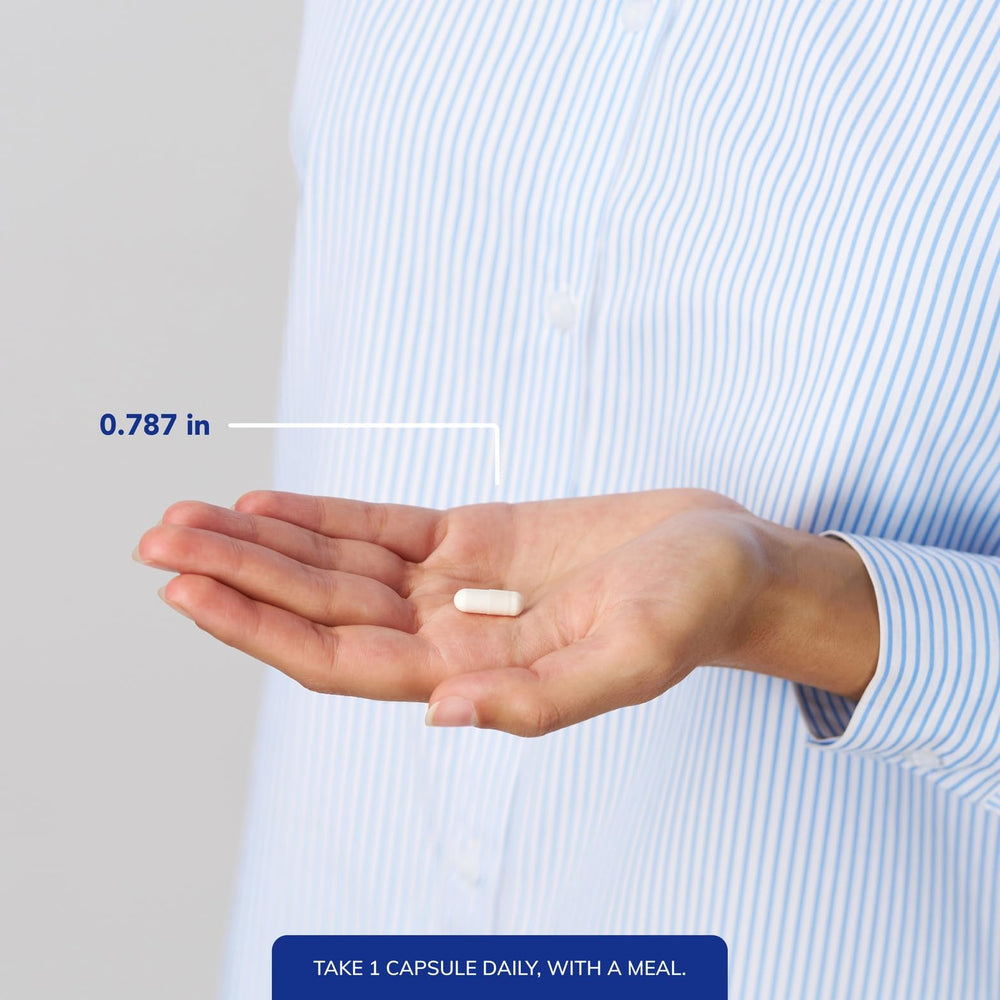 Daily use guidance showing one capsule with a meal