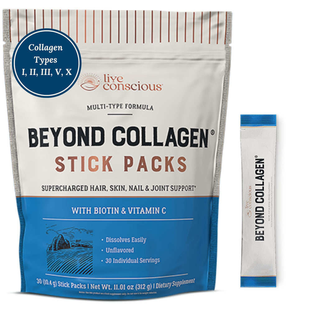 Front view of Live Conscious Beyond Collagen Peptides unflavored packets