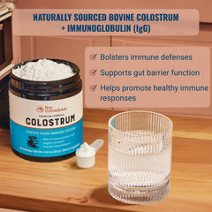 Close-up of grass-fed bovine label on colostrum powder container