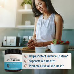 Live Conscious Colostrum Powder packaging highlighting lactoferrin