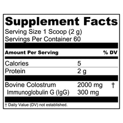 Ingredient icons highlighting bovine colostrum and immune support