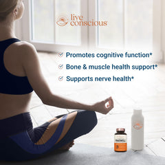 Live Conscious Magwell bottle side label emphasizing immune and bone health features.
