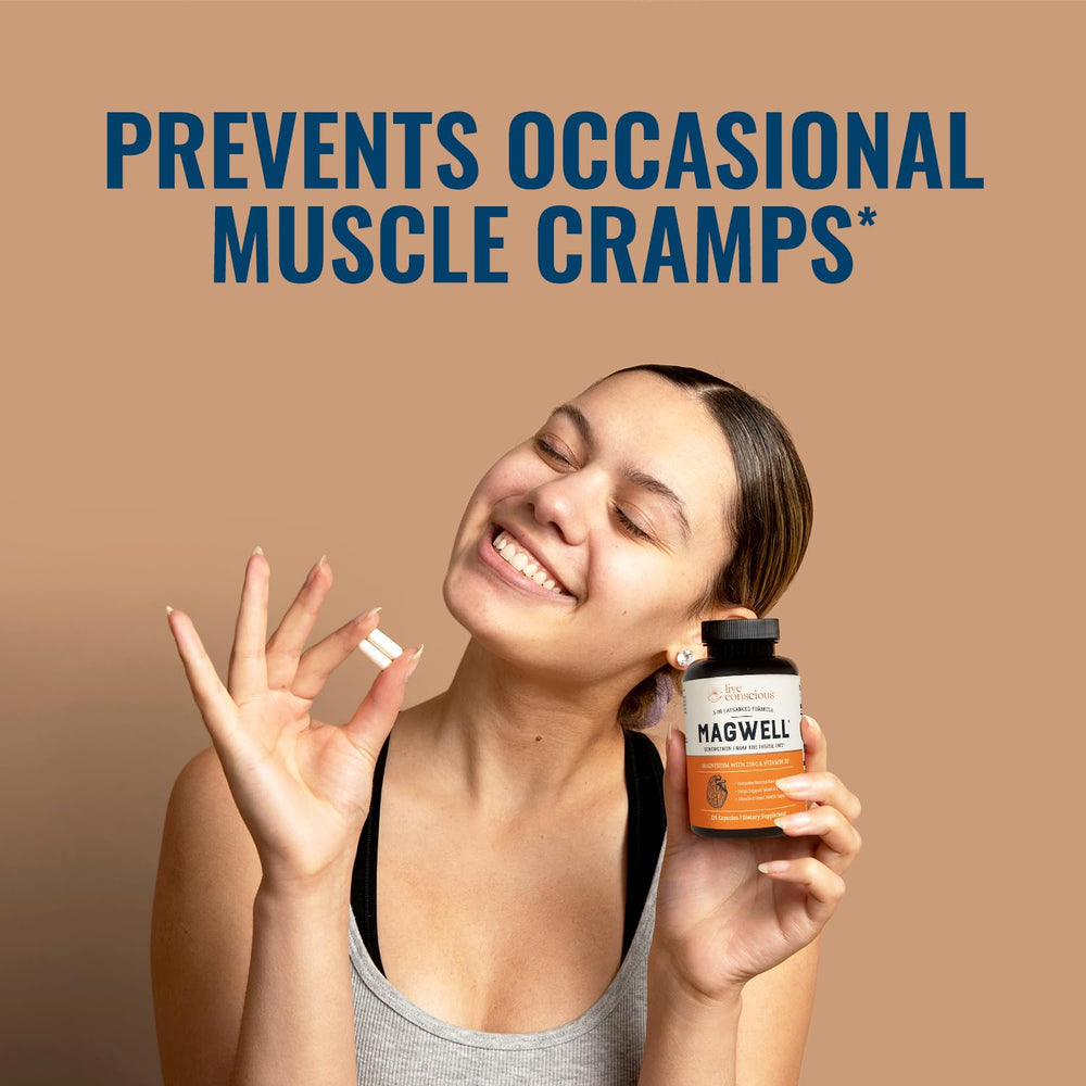 Live Conscious Magwell capsules closeup highlighting magnesium glycinate, malate, and citrate blend.