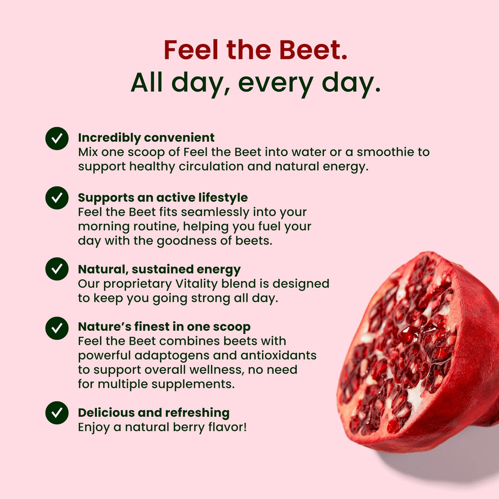 LIVE IT UP Feel The Beet mixed-juice-glass shows beetroot and adaptogens in action.