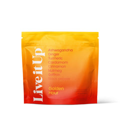 Live It Up Golden Hour Latte packaging with a cup of latte