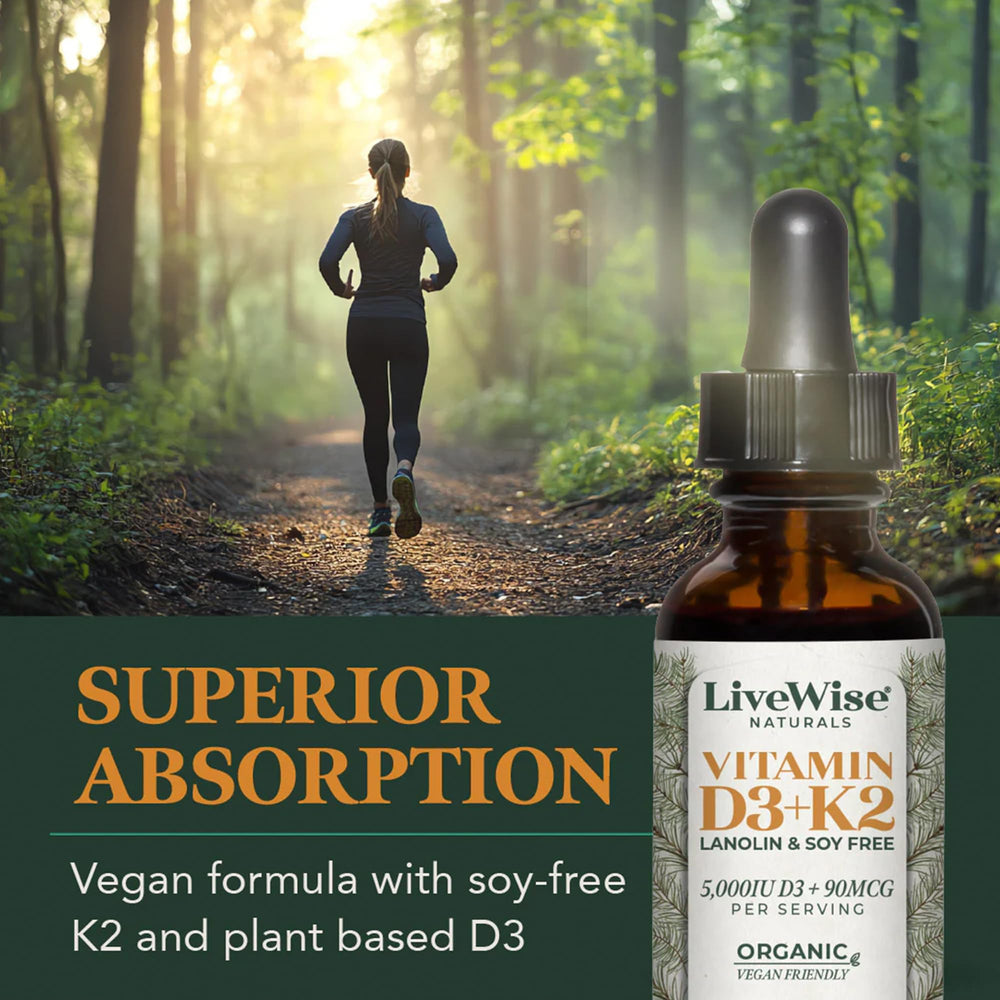 Back label of Live Wise Naturals Vitamin D3+K2 5,000 IU bottle