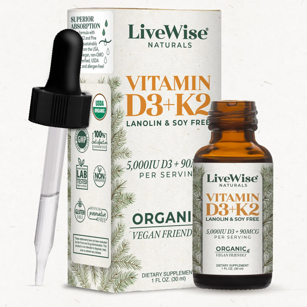 Front view of Live Wise Naturals Vitamin D3+K2 5,000 IU bottle