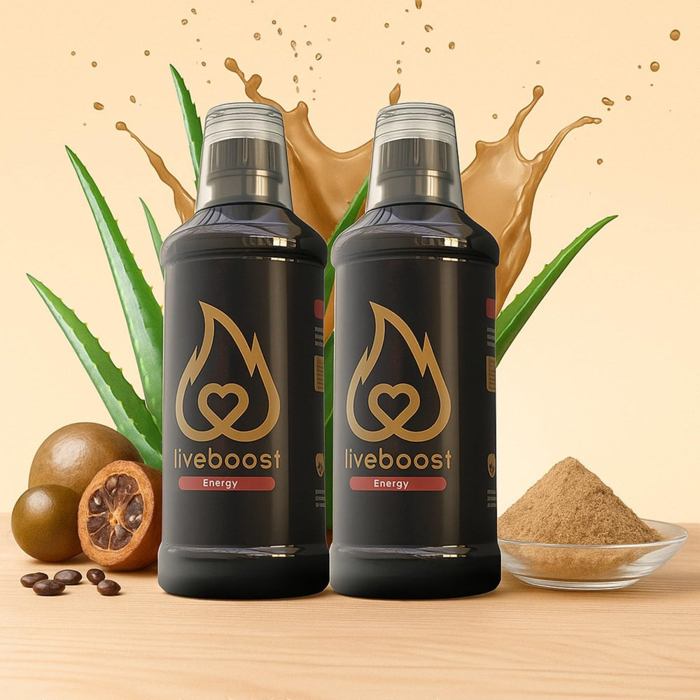 Front view of LIVEBOOST 2-pack liquid supplement bottles