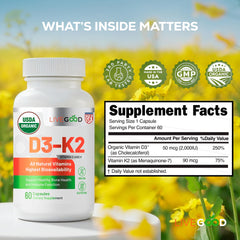 Nutrition facts and ingredients on LIVEGOOD D3-K2 bottle