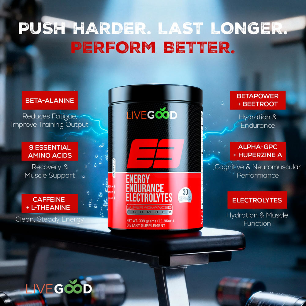 LIVEGOOD E3 glass with mixed drink showing improved hydration and focus