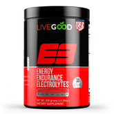 LIVEGOOD E3 preworkout powder jar highlighting energy and endurance support