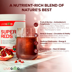 Scoop of Organic Super Reds powder with glass of water