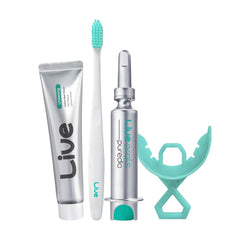 LiveOrals Whitening Set packaging with toothpaste and toothbrush
