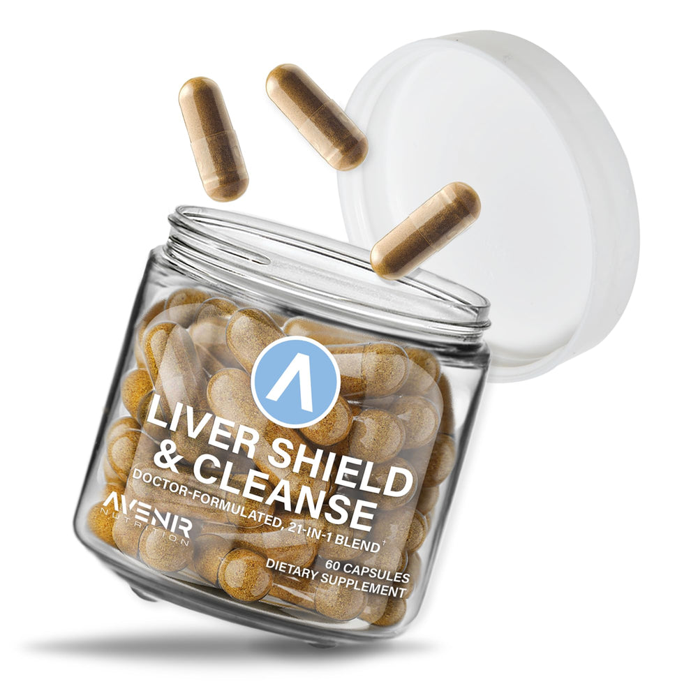 Product shot of Avenir Nutrition Liver Shield & Cleanse bottle and capsules