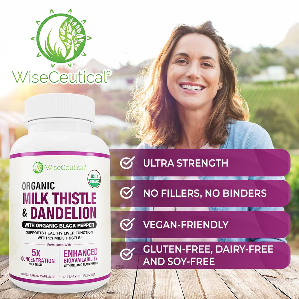 Liver support supplement with milk thistle and dandelion imagery