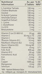 Nutrition information panel for Liverel vitamins