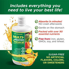 Close-up of Life's Fortune label on liquid multivitamin bottle