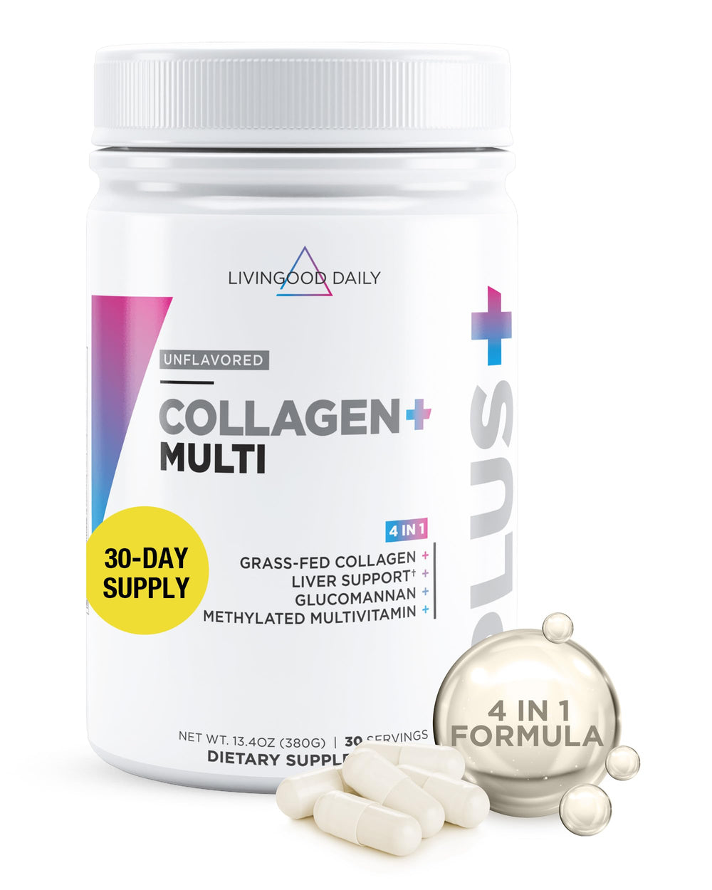 Container of Livingood Daily Collagen + Multi with scoop (unflavored)