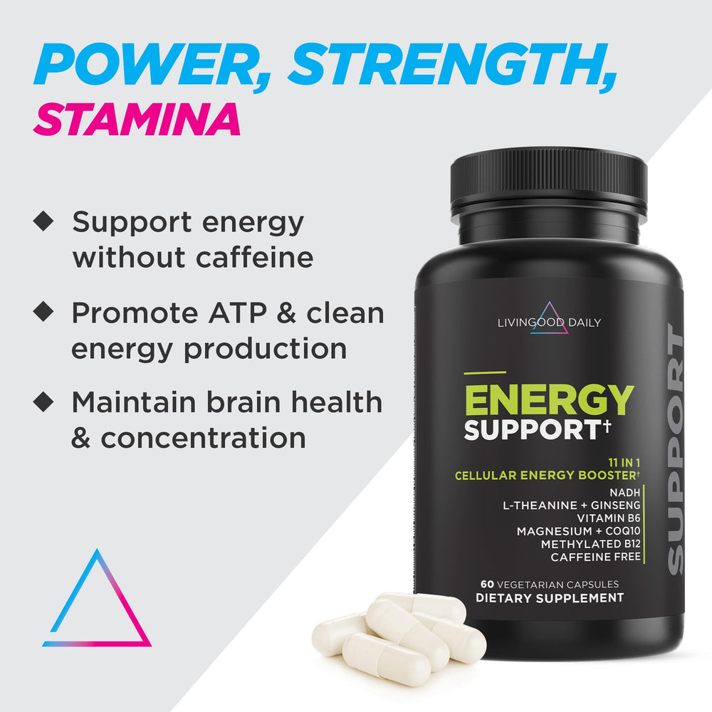 Livingood Daily Energy Support ingredients graphics illustrate magnesium, B vitamins, and CoQ10.