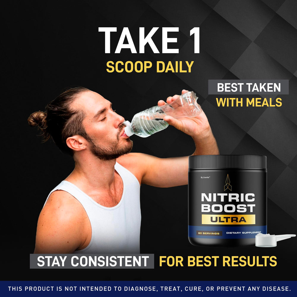 LIVORKA Nitric Boost Ultra Purple Powder shown in active lifestyle scene for sustained activity.