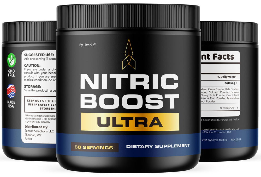 LIVORKA Nitric Boost Ultra Purple Powder packaging on shelf for easy daily use.