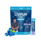 LivPur Electrolyte Drink Mix blue raspberry packet ready for on-the-go hydration.