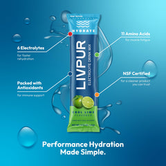LivPur Electrolyte Drink Mix prepared drink in glass shows refreshing hydration.