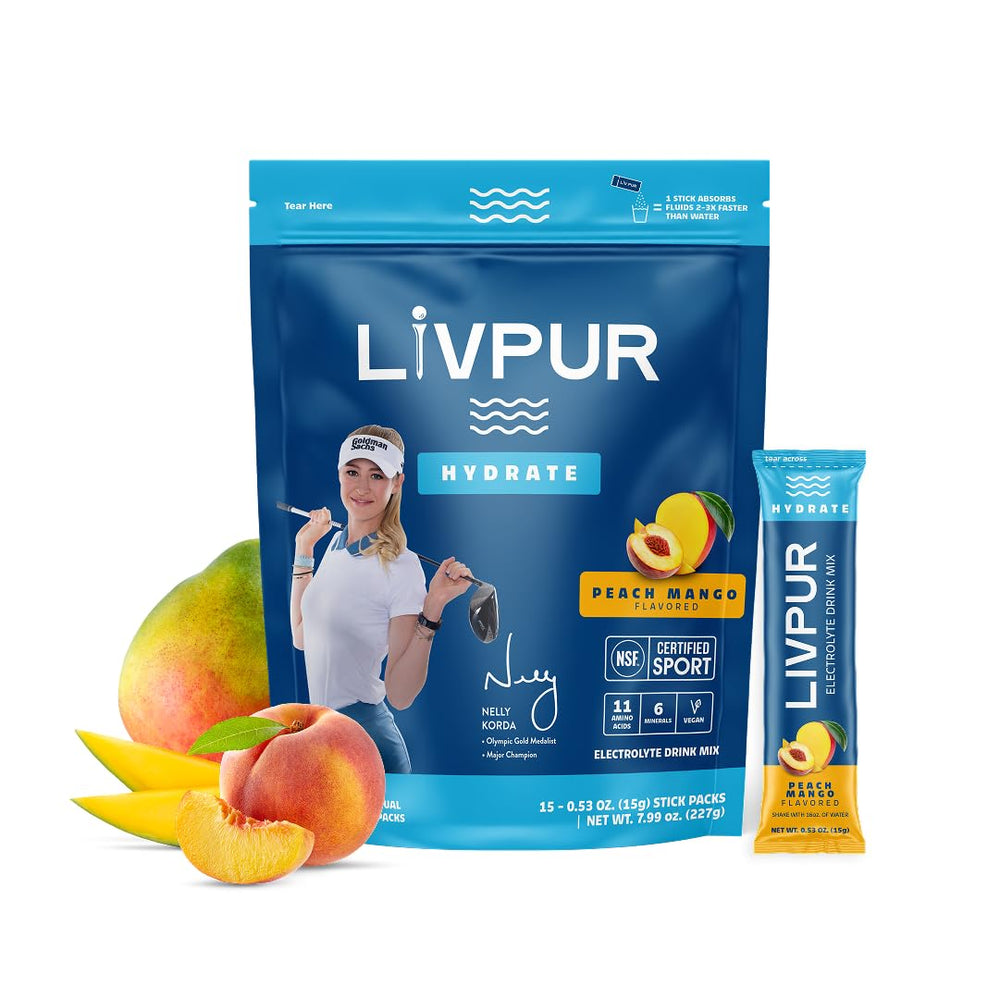 LivPur Electrolyte Drink Mix peach mango pack for on the go hydration