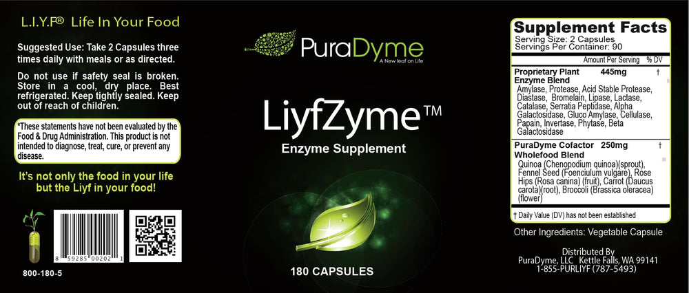 Front view of LiyfZyme digestive enzyme bottle showing 16 enzyme blend