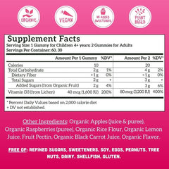 Back packaging with nutrition facts for Llama Naturals Vitamin D3 Raspberry Gummies